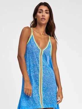 Pitusa Mini Sundress/Coverup Blue burnout w/ Yellow Piping One Size. Like New